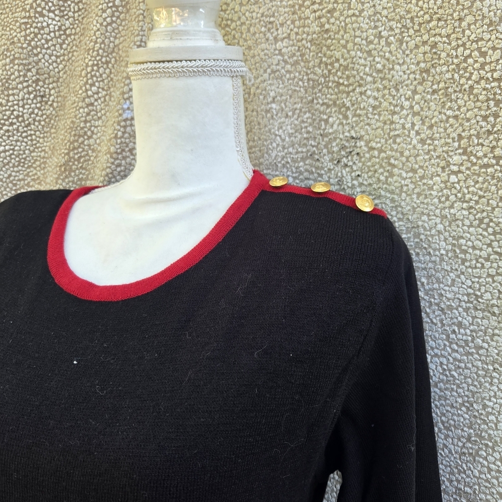Chaus Black Top with Red Accents and Gold Buttons